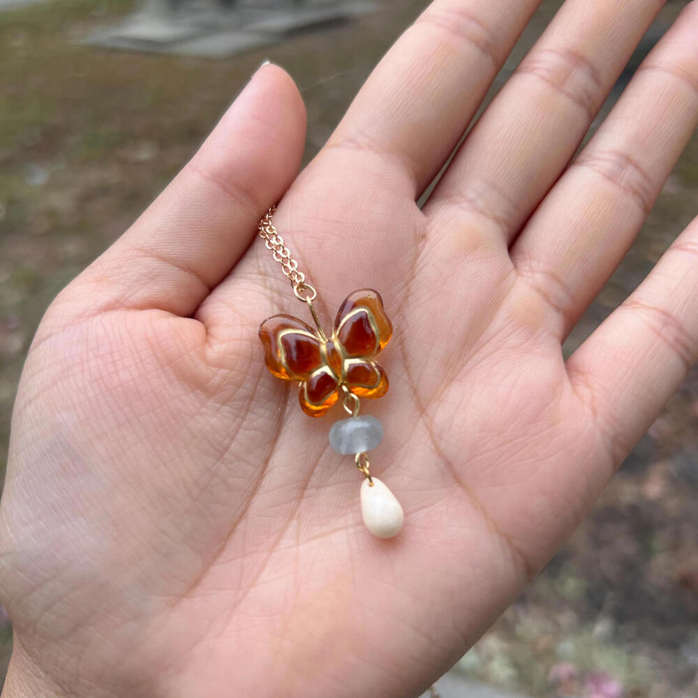 Amber Blue Jade Beige Czech Glass Acrylic Butterfly Necklace, Cute Fun Jewelry - Picture 3 of 7